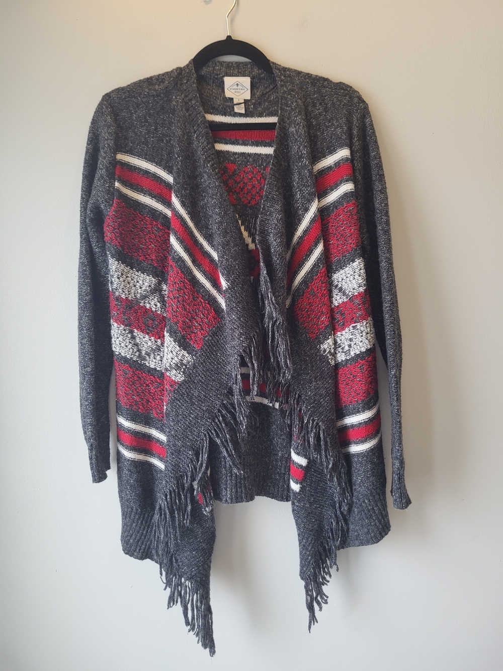 St. John's Bay Gray Sweater Cardigan with Red & White Pattern
